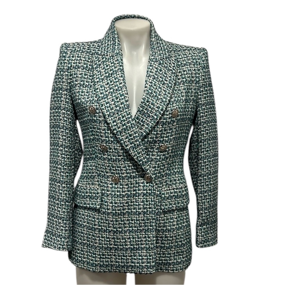 Zara Green & White Tweed Double-Breasted Blazer